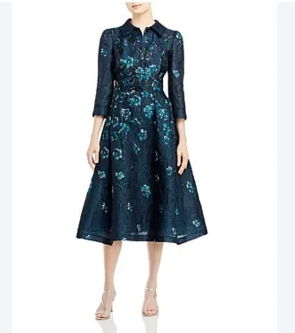 Teri Jon Dress Womens 6 Blue Floral Jacquard Collared 3/4 Sleeve Belted Midi